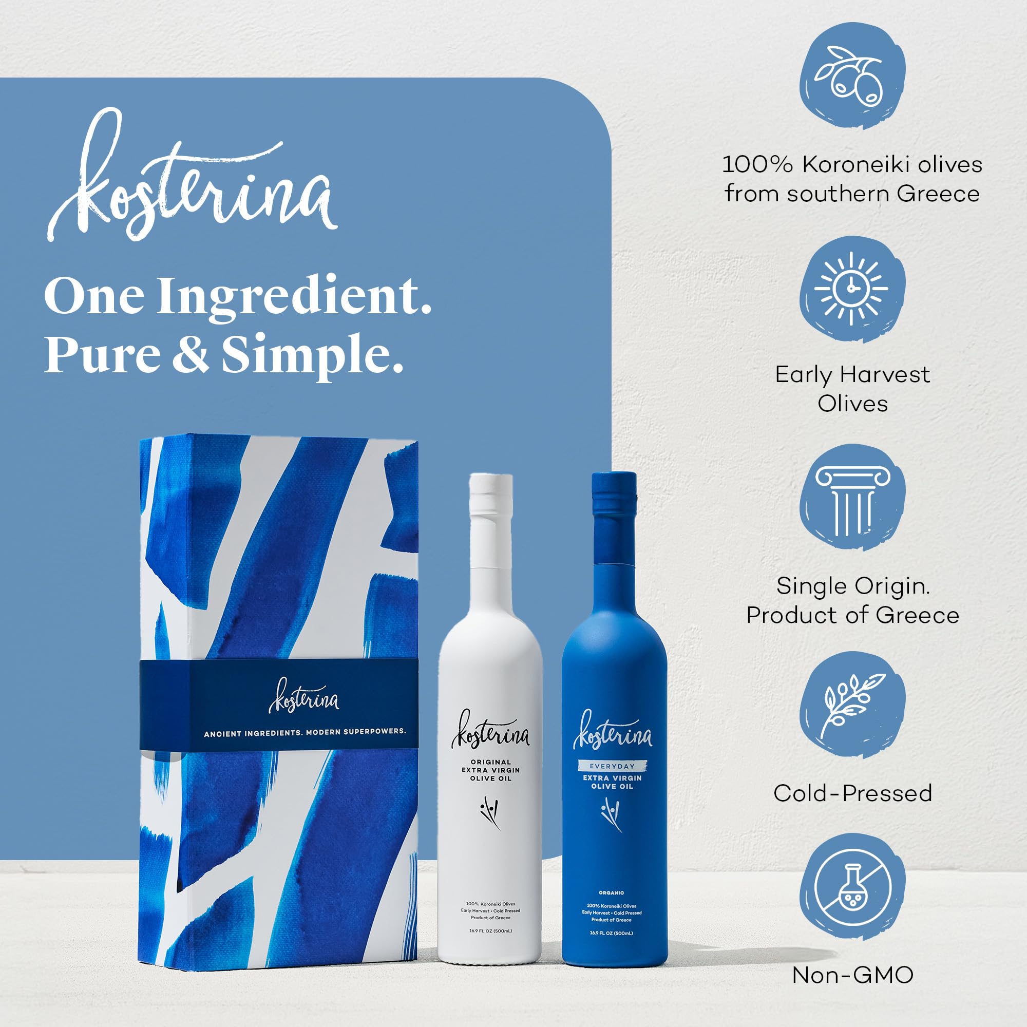 Kosterina Extra Virgin Olive Oil Gift Set | Polyphenol Rich Greek Olive Oil, Cold-Pressed EVOO, Early Harvest Koroneiki Olives | High Antioxidant Superfood | Harvested in Greece (16.9 oz | Set of 2)
