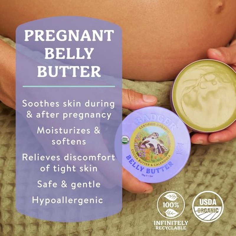 Badger Belly Butter - Organic Stretch Mark Cream for Pregnancy | Hypoallergenic Cocoa & Coconut, 2 oz Tin