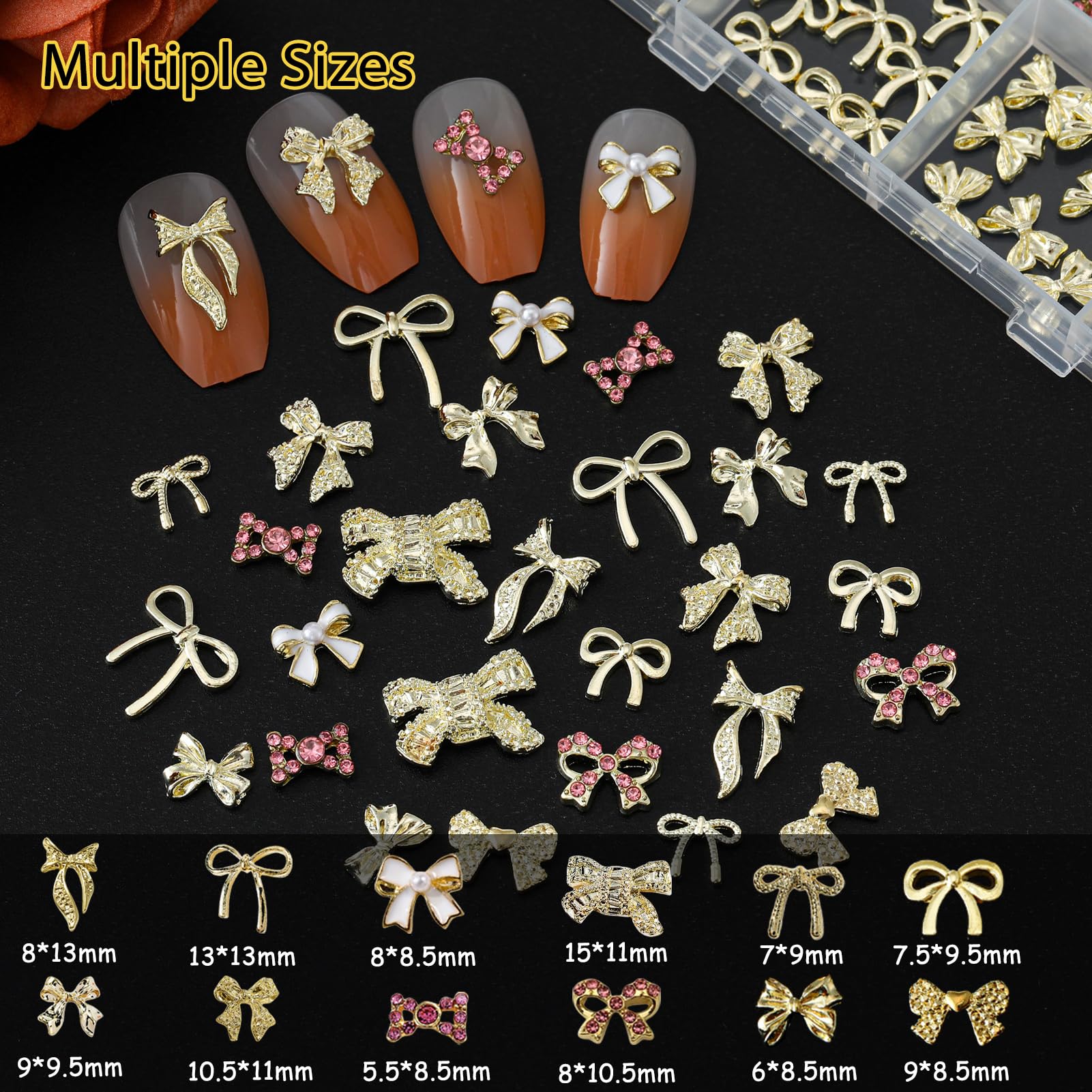 ZUMILLMN 116 Pcs Bow Nail Charms,12 Styles Gold Metal and Gem Bow Charms for Nails-Shiny Nail Rhinestones for Nail Art, Manicure, DIY Jewelry Making(116Pcs)