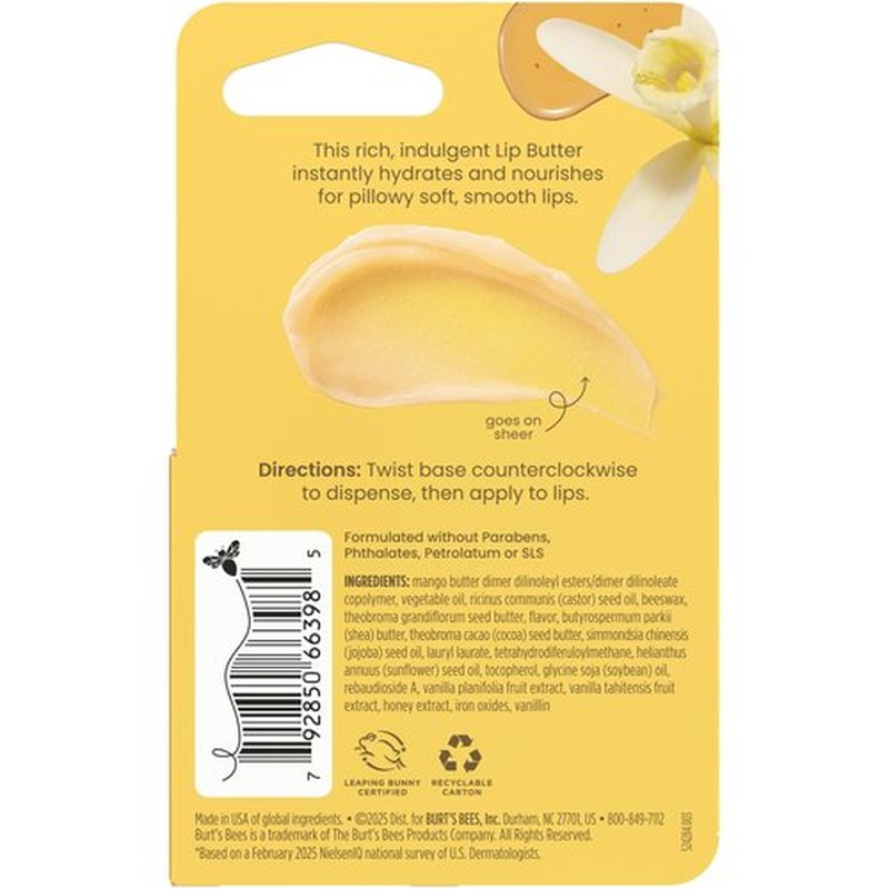 Burt's Bees Vanilla Honey Lip Butter, Repairs Dry Lips, 24 Hour Hydration, Locks in Moisture, Includes Shea and Mango Butters, Antioxidant Rich Vitamin E, Convenient Twist Up Dispenser, 0.5 Oz.