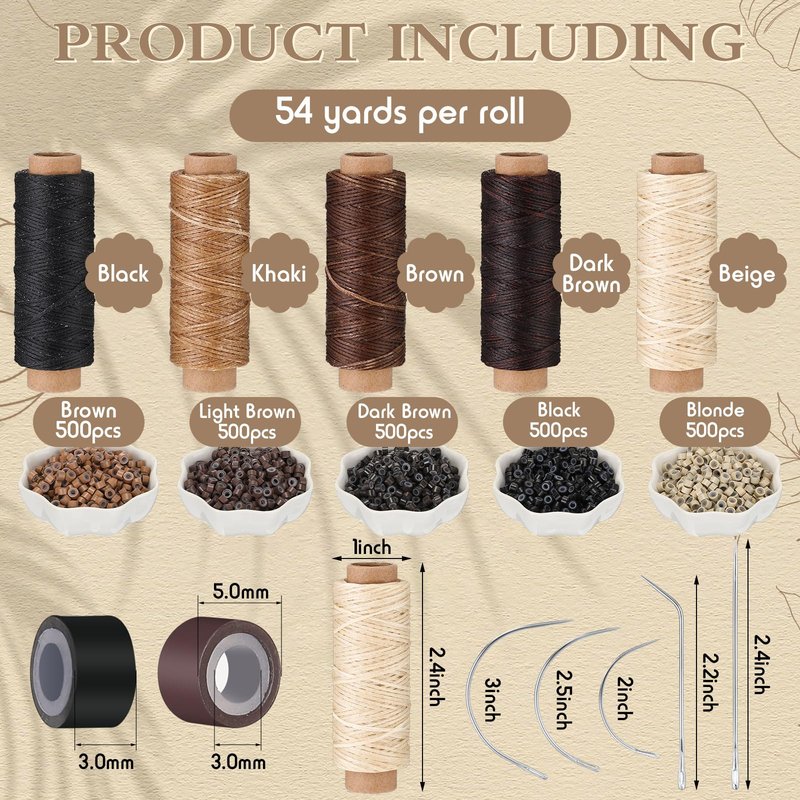 Yuxung 2500 Pcs Hair Extensions Micro Rings Links Beads and 5 Rolls Extensions Sewing Thread and 10 Pieces C/J/I Needles Kit for Human Hair Hand Sewing Wig DIY Craft
