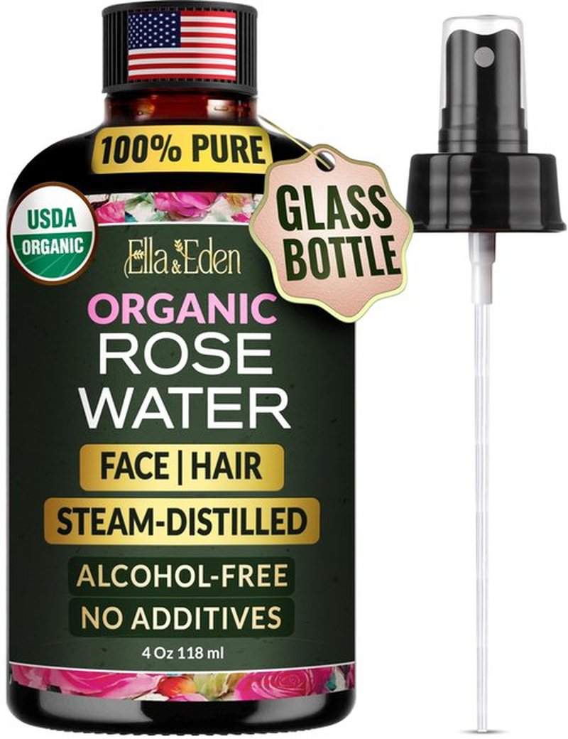 Ella & Eden Organic Rose Water Spray for Face, Hair - Hydrating, Refreshing Face Mist - USDA Certified 100% Pure Steam Distilled Hexane-Free - 4 Fl Oz