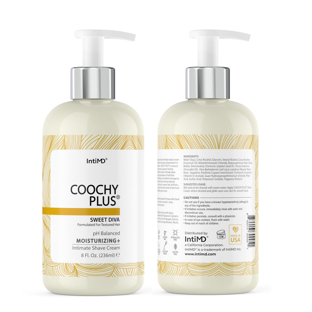 IntiMD Coochy Plus Intimate Shaving Cream Sweet Diva For Afro Natural Texture Hair With HydroLock & Moisturizing+ Formula - Prevents Razor Burns & Bumps, In-Grown Hairs, Itchiness 8oz