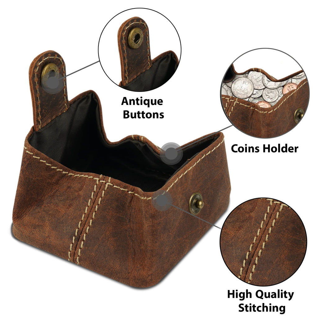 CestAntiQ Leather Coin Pouch | Handmade Full Grain Brown Coin Purse for Men & Women | 3x3 in Vintage Change Holder | Compact Mini Wallet with Snap | Rustic EDC Pocket Ring Pouch Gift for Christmas
