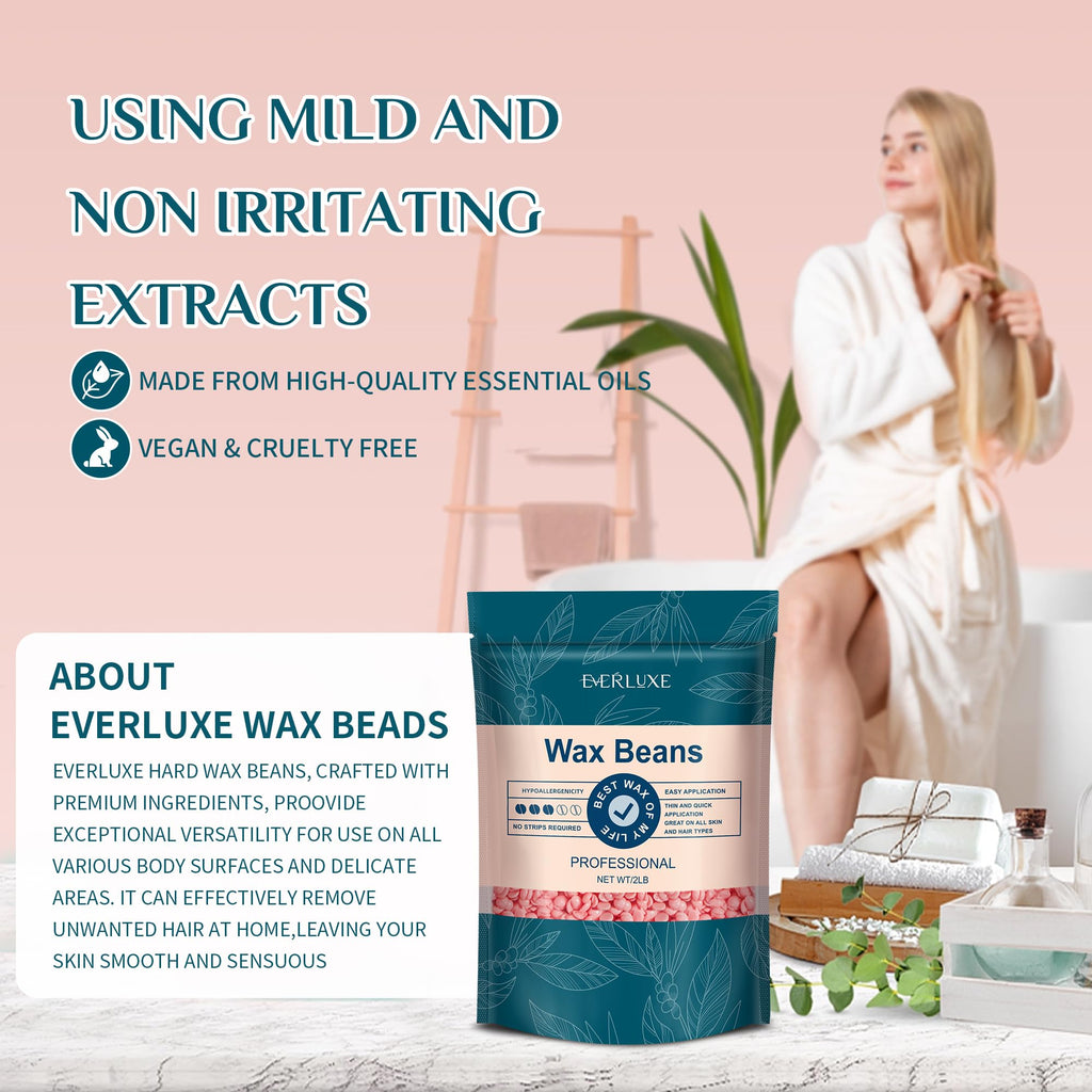 EVERLUXE Wax Beads 2lb, Hard Wax for Hair Removal, Hypoallergenic Wax for Sensitive Skin, Facial Waxing, Brazilian, Bikini Waxing