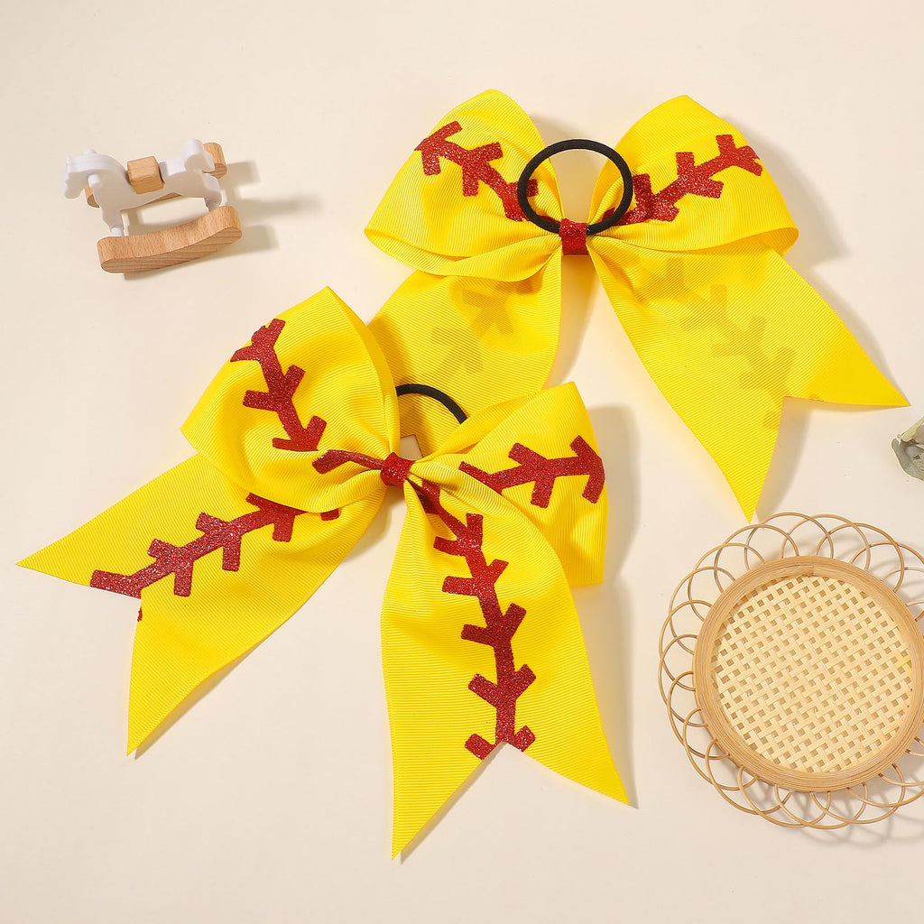 YLEN YHXX 20 PCS 8" Large Softball Cheer Hair Bows Cheerleading Bows with Ponytail Holder Elastic Band Handmade for Cheerleading Teen Girls College Sports （Softball Yellow）