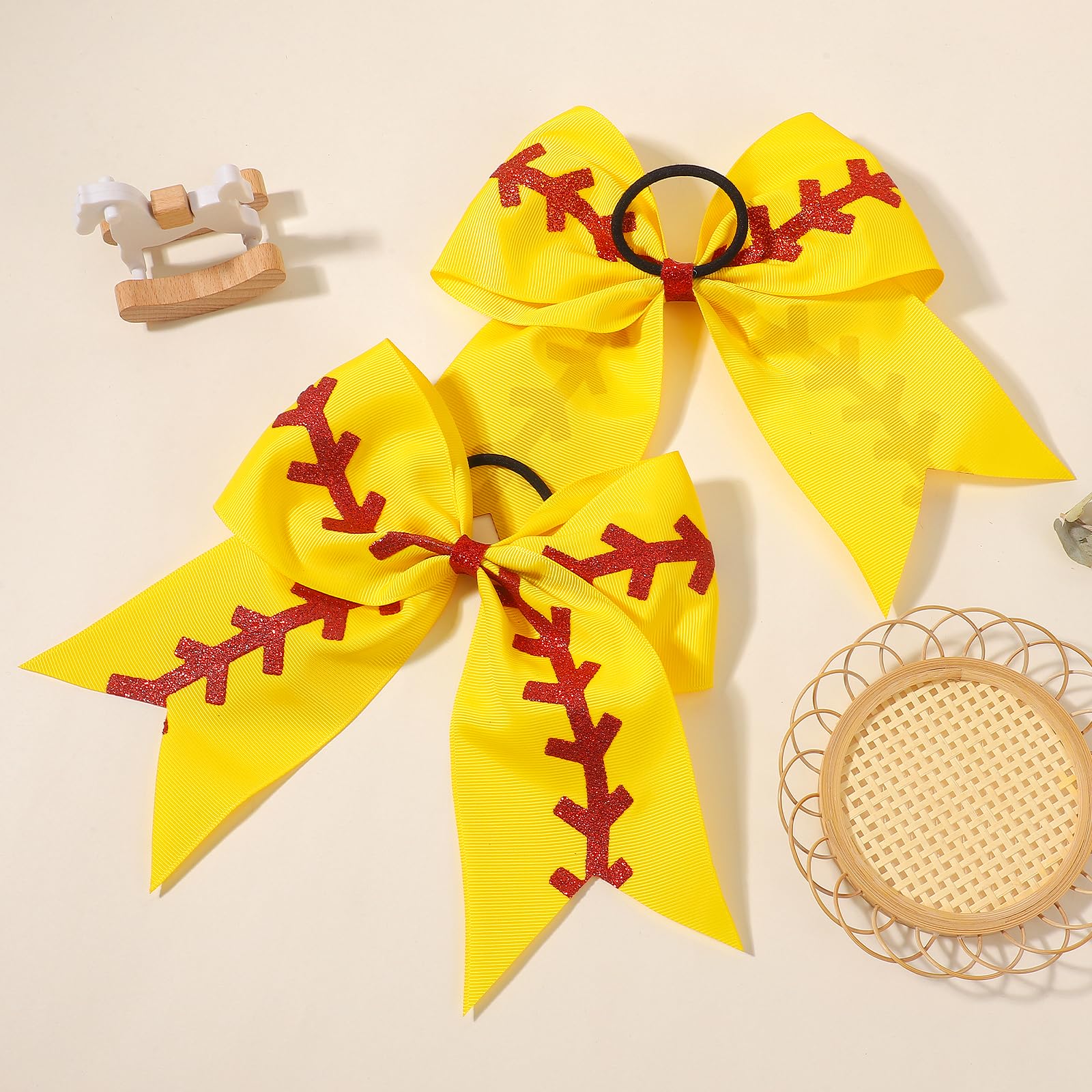 YLEN YHXX 20 PCS 8" Large Softball Cheer Hair Bows Cheerleading Bows with Ponytail Holder Elastic Band Handmade for Cheerleading Teen Girls College Sports （Softball Yellow）