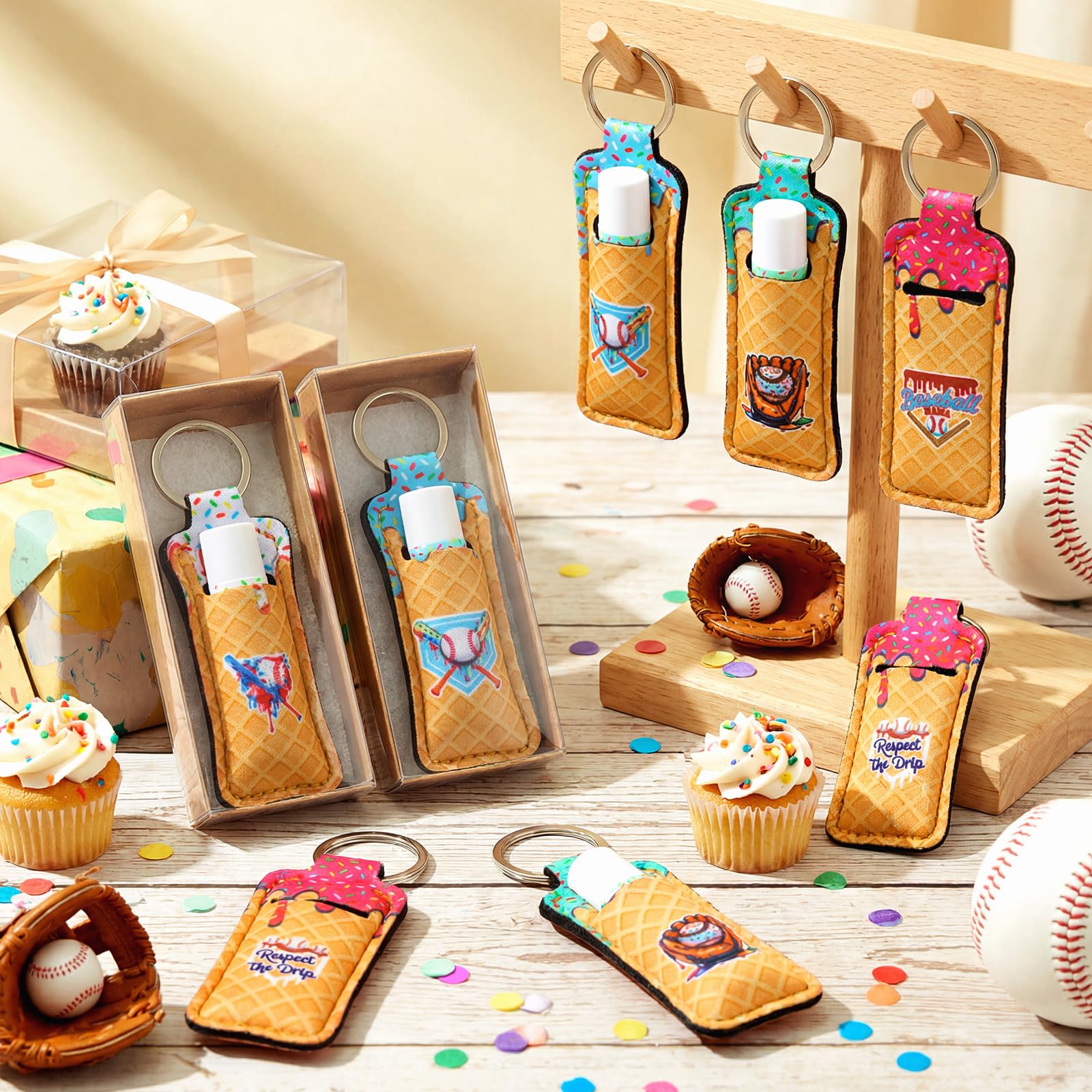 Siifert 100 Pcs/50 Set Ice Cream Baseball Drip Party Favor Gifts Bulk, Baseball Drip Lip Balms with Lipstick Holder Keychain Bags Favors for End of Season Sports Team Teen