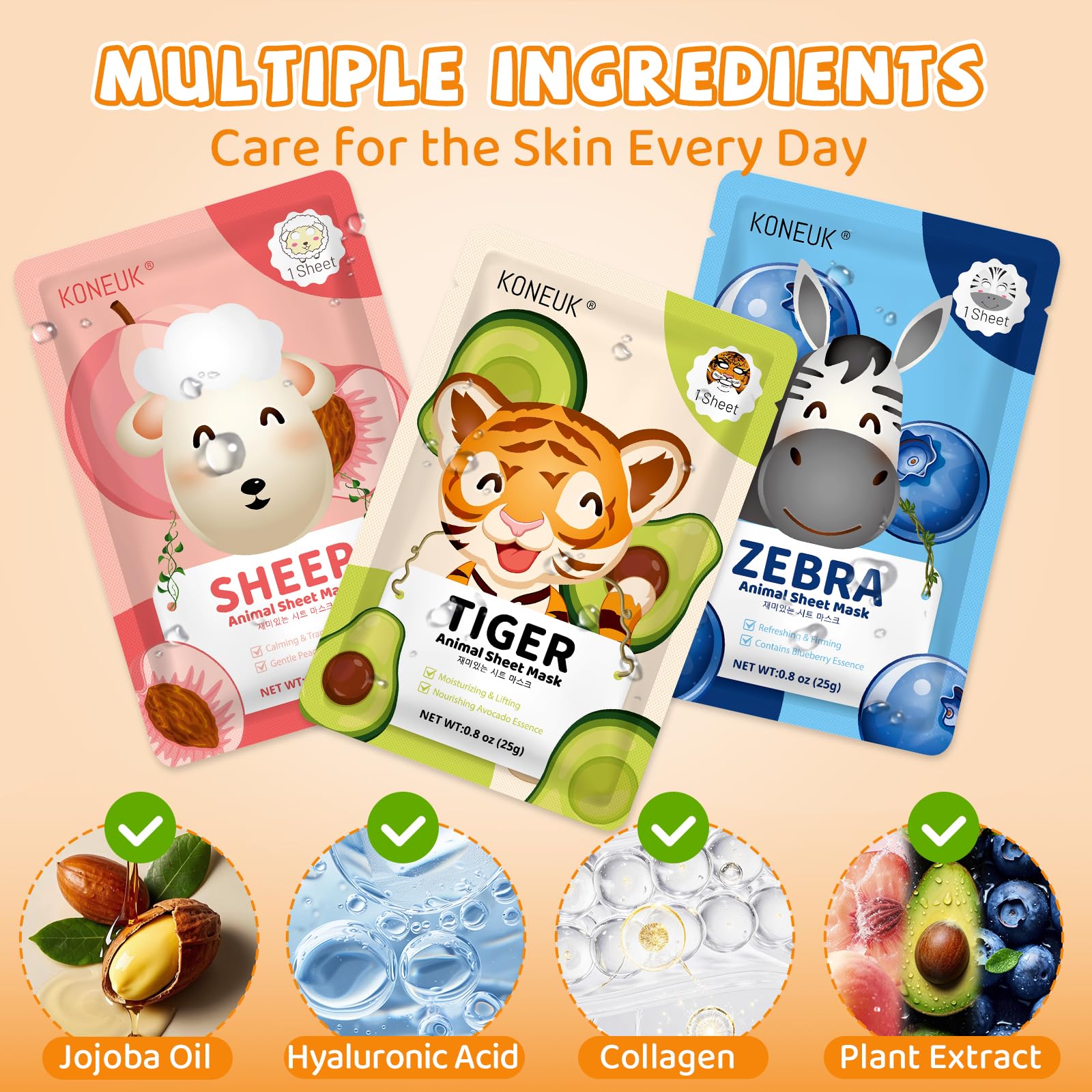 KONEUK 7 Pack Animal Hydrating Face Mask for Kids, Bulk Face Masks Skincare for Girls Teens, Kids Skin Care Set and Spa Day Kit, Spa Party Supplies for Girls