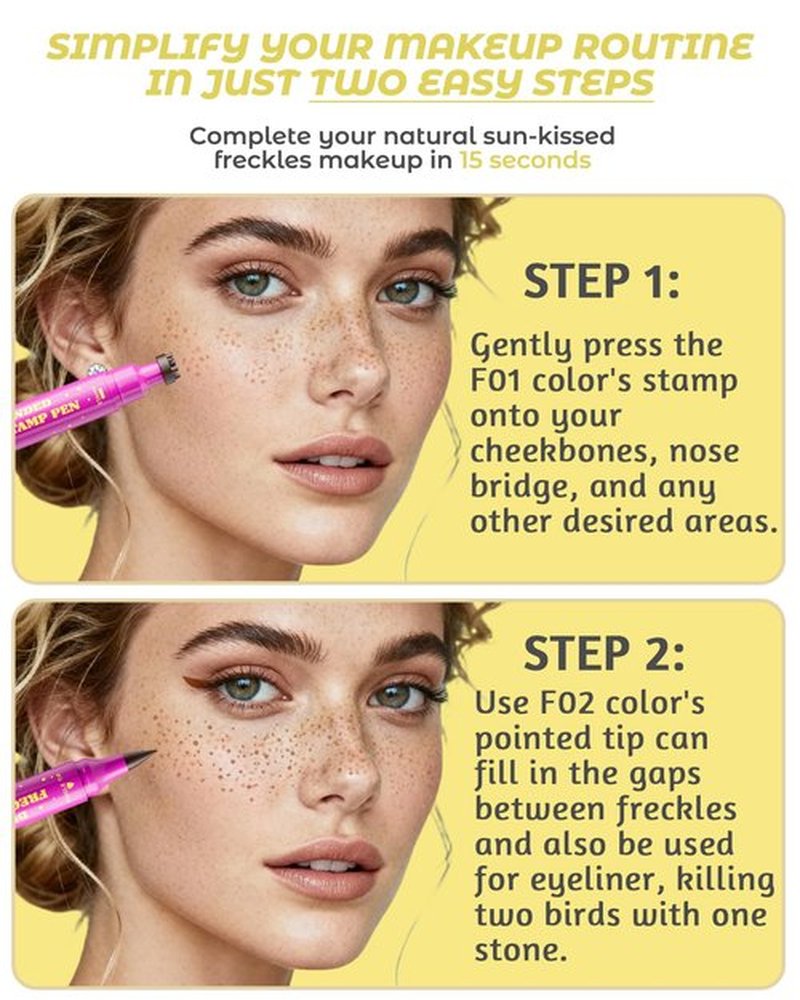 Berinist 2 Color Faux Freckle Stamp Pen Kit, Upgrade Dual Ended 2-in-1 Waterproof Fake Freckle Pen with Multi-Prong Freckles Stamp Head for Women to Easily Create Natural Long-Lasting Sunkissed Makeup