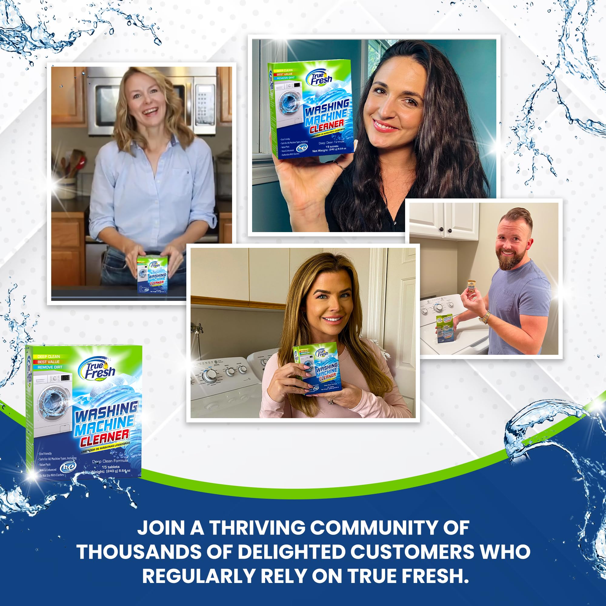 True Fresh Washing Machine Cleaner Descaler 15 Pack Tablets, Deep Cleaning Deodorizer for HE Front & Top Load Washers, Eliminates Odor Buildup Residue Grime, Cleans Drum Pump Valve Hoses Septic Safe
