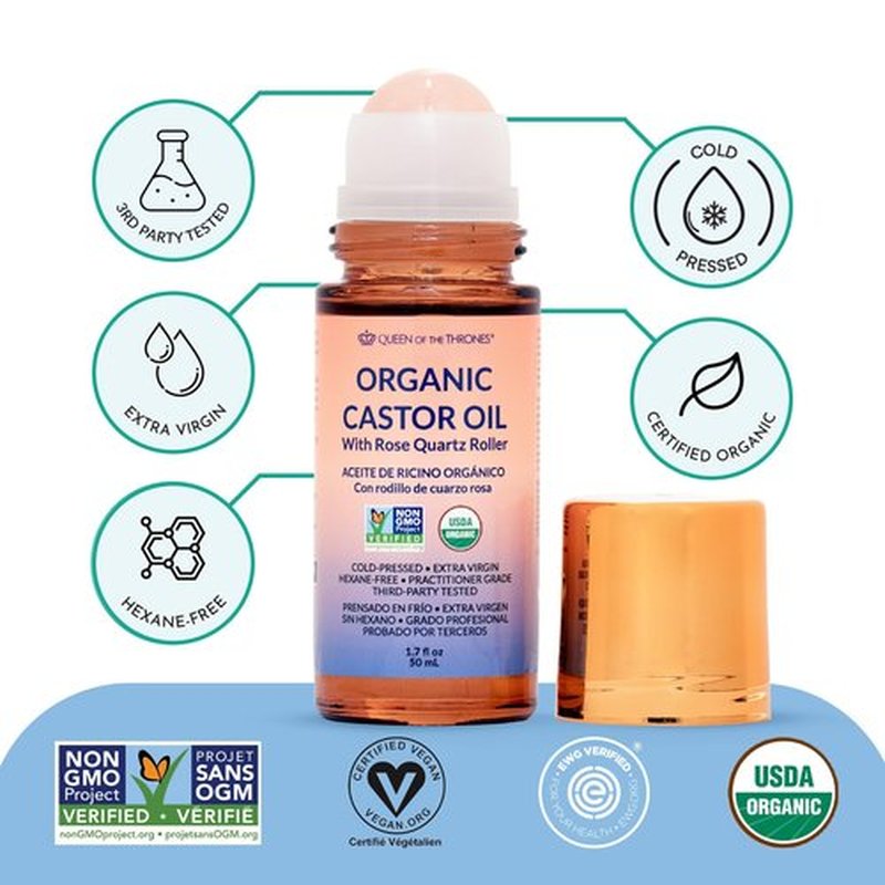QUEEN OF THE THRONES® Organic Golden Castor Oil Roll-On with Rose Quartz | 100% Pure for Skin, Brows & Lashes and less mess Castor Oil Packs | Hexane-Free | USDA Certified | Cold-Pressed 1.7oz (50mL)