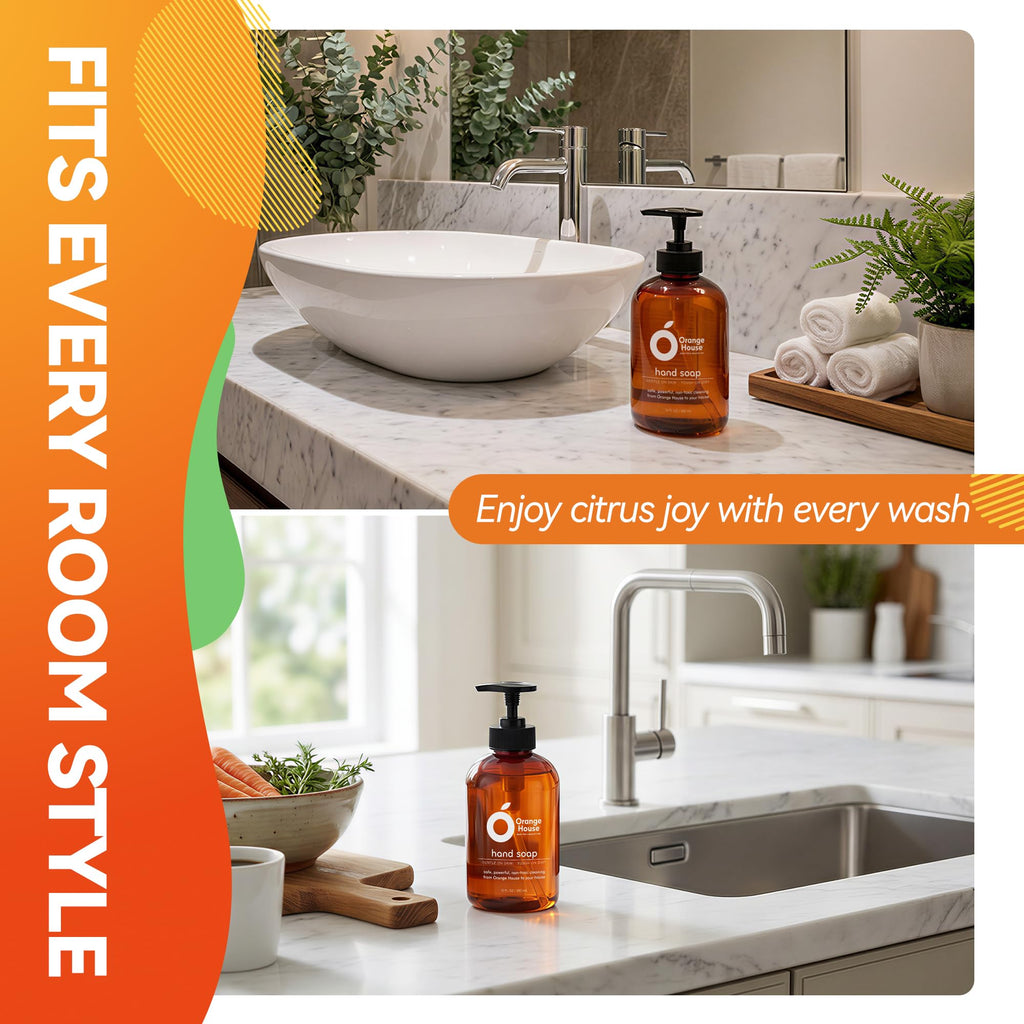ORANGE HOUSE Natural Liquid Hand Soap, Food-Grade Orange Oil Moisturizing Hand Wash, Plant-Based & Hypoallergenic, Gentle on Skin, Non-Toxic Citrus Scented Soap, 12 Fl Oz (6 Pack)