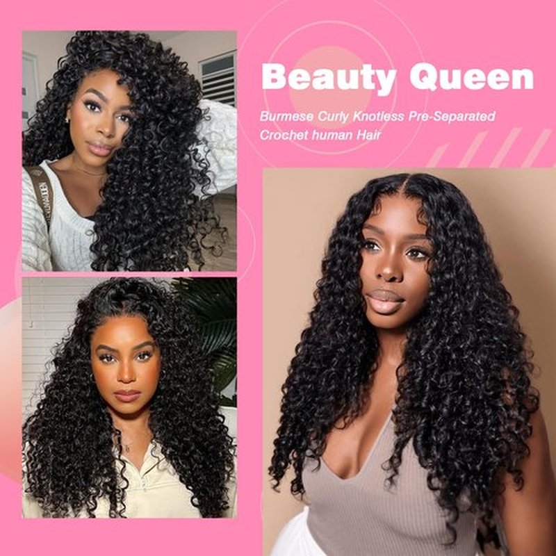 Beauty Queen Burmese Curly Crochet Human Hair 16inch 60g Knotless Pre-Separated Feather Human Crochet Hair Lightweight Reusable Remy Hair Extensions With Spiral Curl for Women Natural Black Color
