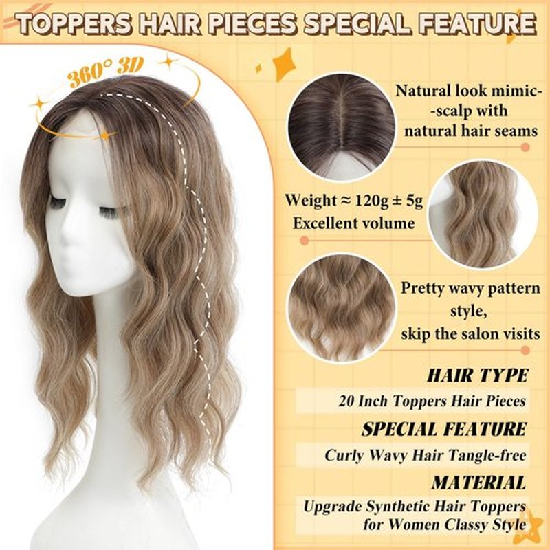 Hair Toppers for Women, 20 Inch Toppers Hair pieces for Women with Thinning Hair Big Base Curly Wavy Wiglets Cover 360° 3D Middle Part Clip in Bangs (Highlights Blonde Brown with Dark Root)