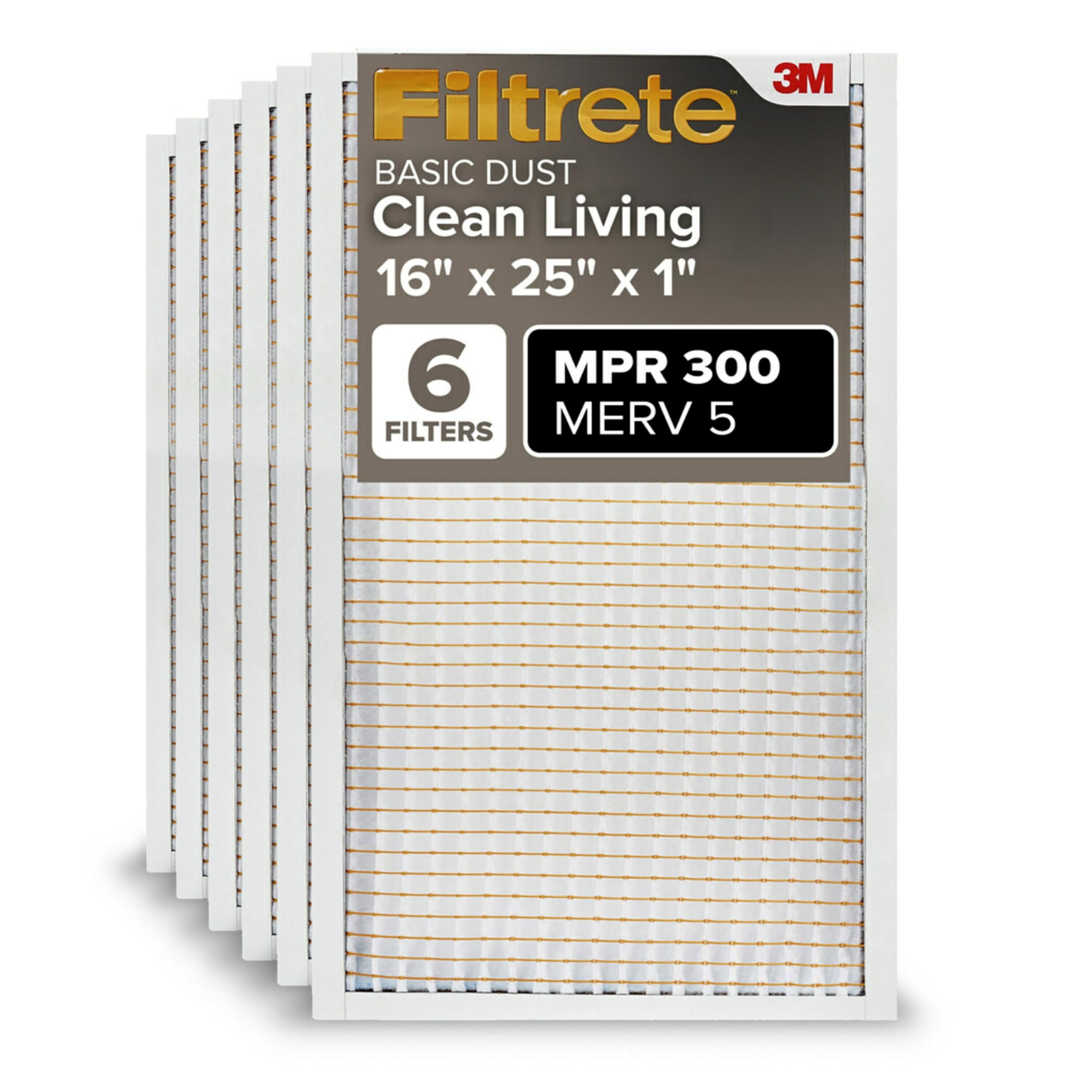 Filtrete 16x25x1 Air Filter MERV 5, 6-Pack AC Furnace HVAC, MPR 300 Basic Dust Defense, Pleated Electrostatic, Removes Lint