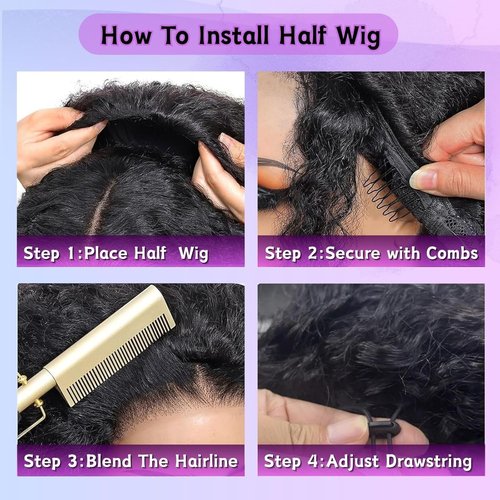 Glimeer Half Wig Human Hair Deep Wave 3 In 1 Drawstring Seamless Filp Over Curly Half Wig 200% Density Wear and Go Glueless Half Wigs for Black Women Natural Color 18 Inch