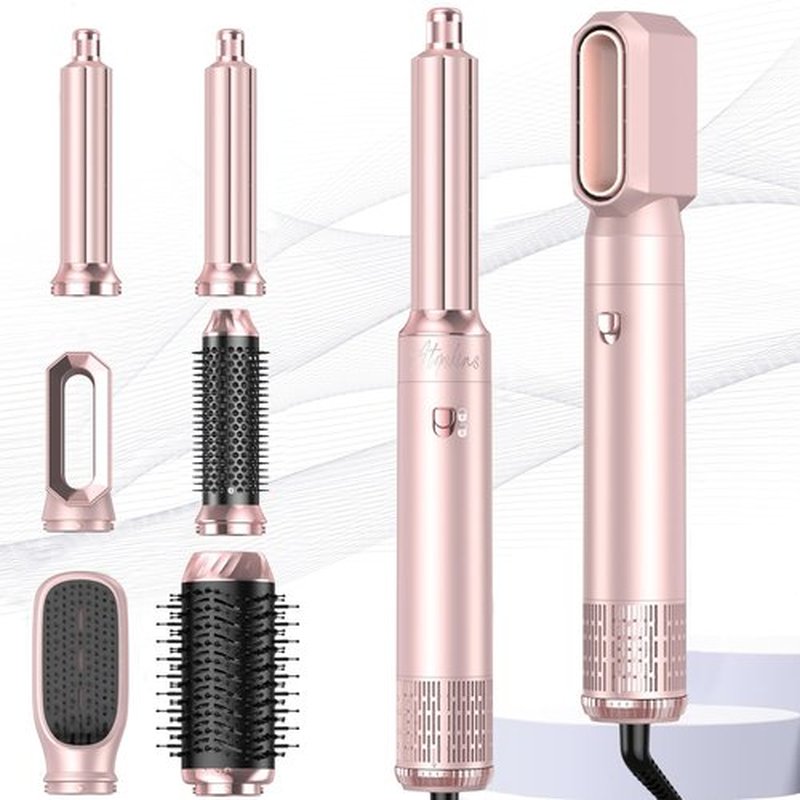 Atopskins 6 in 1 Hair Dryer Brush Hot Air Styler Detachable for Travel, Blow Dryer 3 Heat Settings to Straighten, Auto Curl, Volumize Home Salon Results Frizz-Free Shine All Hair Types (Pink-A)