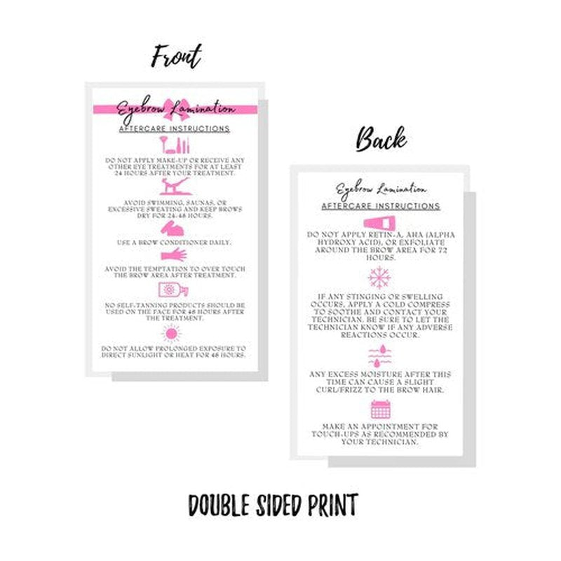 Brow Lamination Aftercare Instruction Cards | 50 Pack | 2x3.5” inches Business Card Size | Starter Lift Kit with Tint at home diy aftercare supplies | White with Pink Design