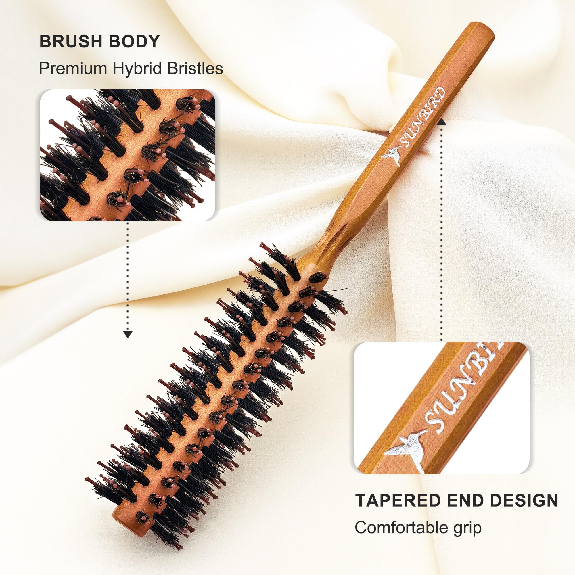 SUNBIRD Round Brush for Blow Out, Natural Wood & Boar Bristle, 1.6Inch
