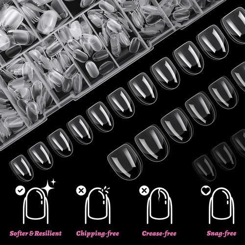 LoveOurHome 600pc Extra Short Oval Nail Tips Clear Fake Nails XS Round Almond Gel Nail Tips Full Cover Acrylic Nails Clear Press on Nails Short Oval 15 Size False Fingernail for Gel Nail Extension