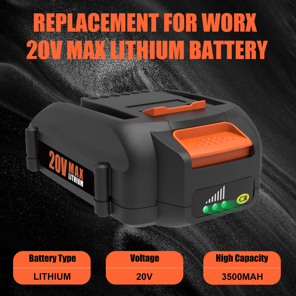 Ahomtikk 20V 3.5Ah Replacement for Worx 20V Battery and Charger Kit Compatible with Worx 20 Volt Battery WA3520 WA3525 WA3575 WA3577 WA3669 and WA3875 Dual Port Charger