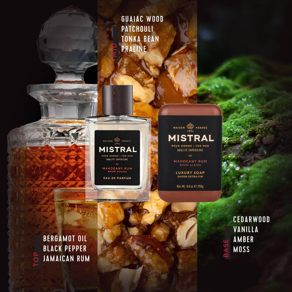 Mistral Mahogany Rum Men's Gift Set | Eau de Parfum 3.3oz Cologne Spray & 8.8oz Triple Milled Soap | Rum, Amber, Spice & Caramelized Woods Scent | Premium Men's Grooming Gift Set - Made in France