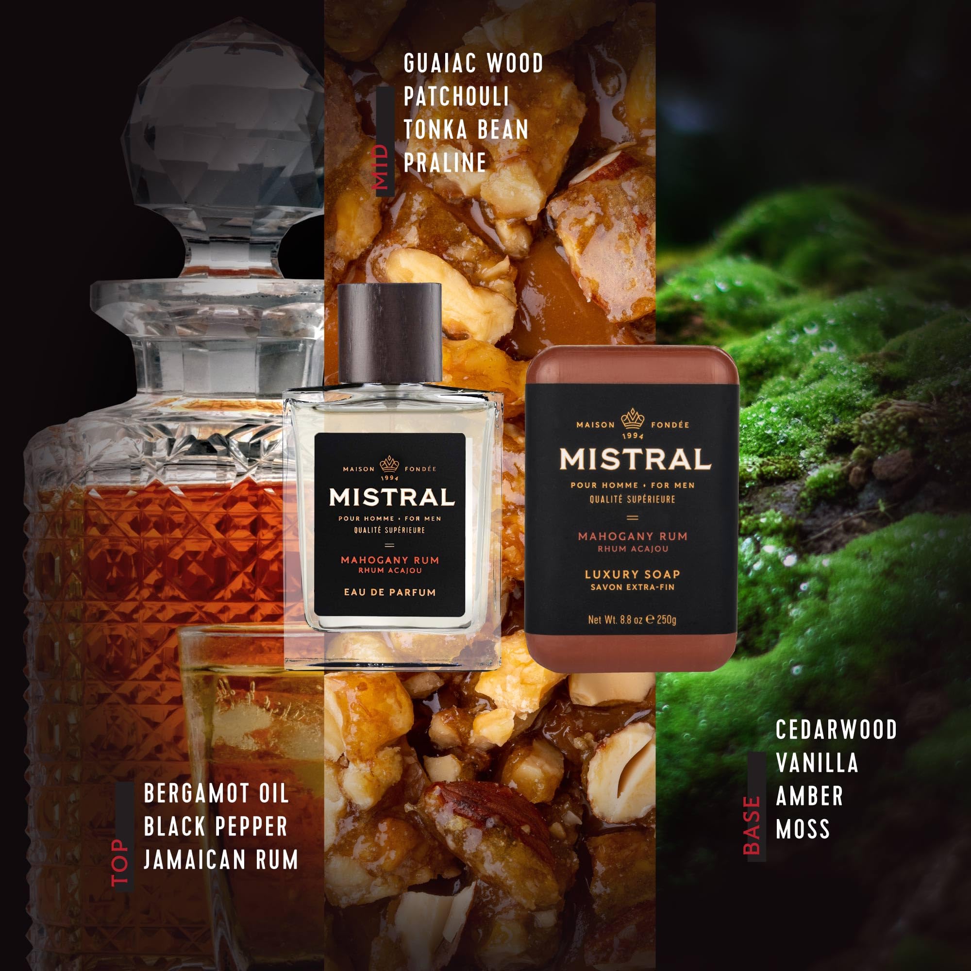 Mistral Mahogany Rum Men's Gift Set | Eau de Parfum 3.3oz Cologne Spray & 8.8oz Triple Milled Soap | Rum, Amber, Spice & Caramelized Woods Scent | Premium Men's Grooming Gift Set - Made in France