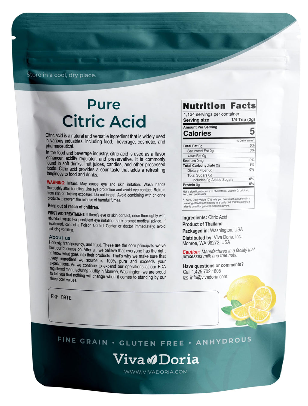 Viva Doria 100% Pure Citric Acid, Food Grade, Fine Grain, 5 Pounds (80 Ounces)