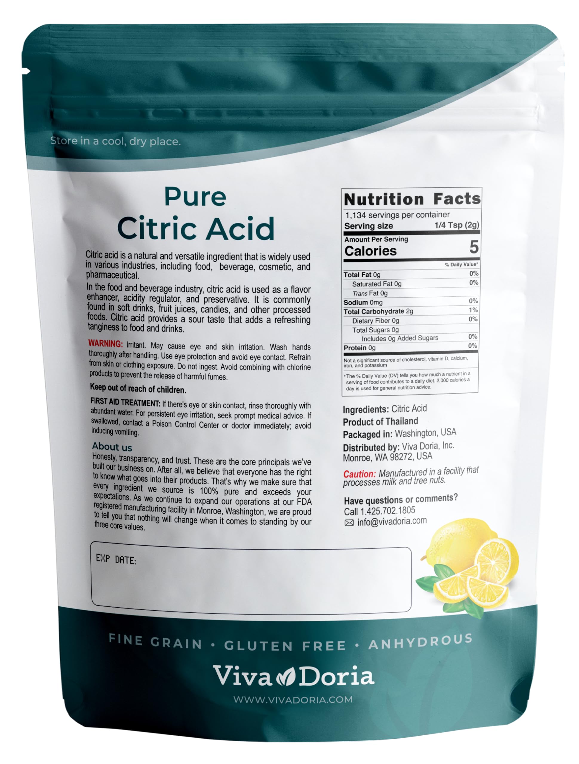 Viva Doria 100% Pure Citric Acid, Food Grade, Fine Grain, 5 Pounds (80 Ounces)