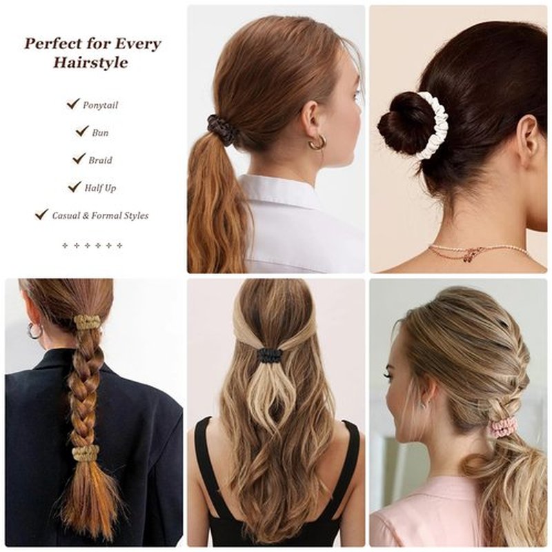 LEADUWAY 12 Pack Silky Soft Skinny Hair Ties, Silk-Like No Damage Scrunchies Elastic Ponytail Bands for Women Girls, Thin Thick Curly Hair