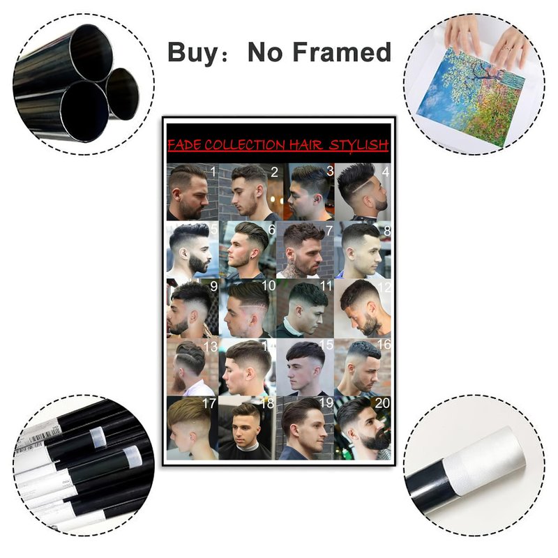 VMXWLL Barber Shop Decor - Fade Collection Men's Hairstyle Chart - Professional Canvas Wall Art for Barbershop & Salon - Haircut Reference Guide - Unframed 12x18 Inch