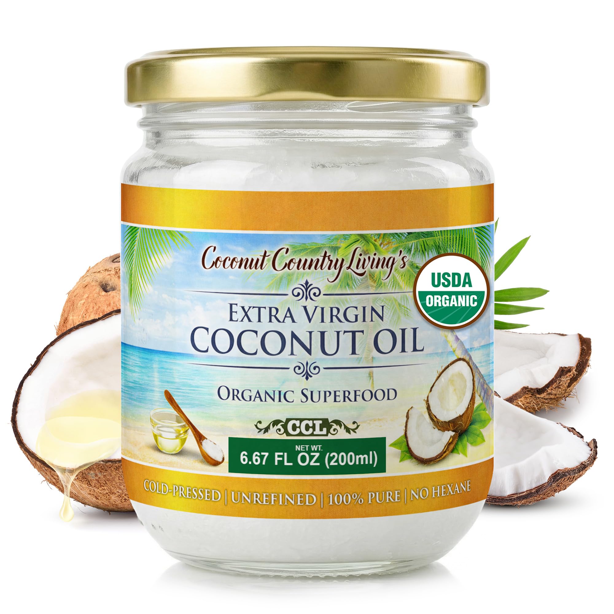 Coconut Country Living's Extra Virgin Coconut Oil - Cold Pressed, Unrefined organic Superfood for Hair, Skin, Beauty, Cooking - Keto & Paleo Diet Friendly - 6.76 oz