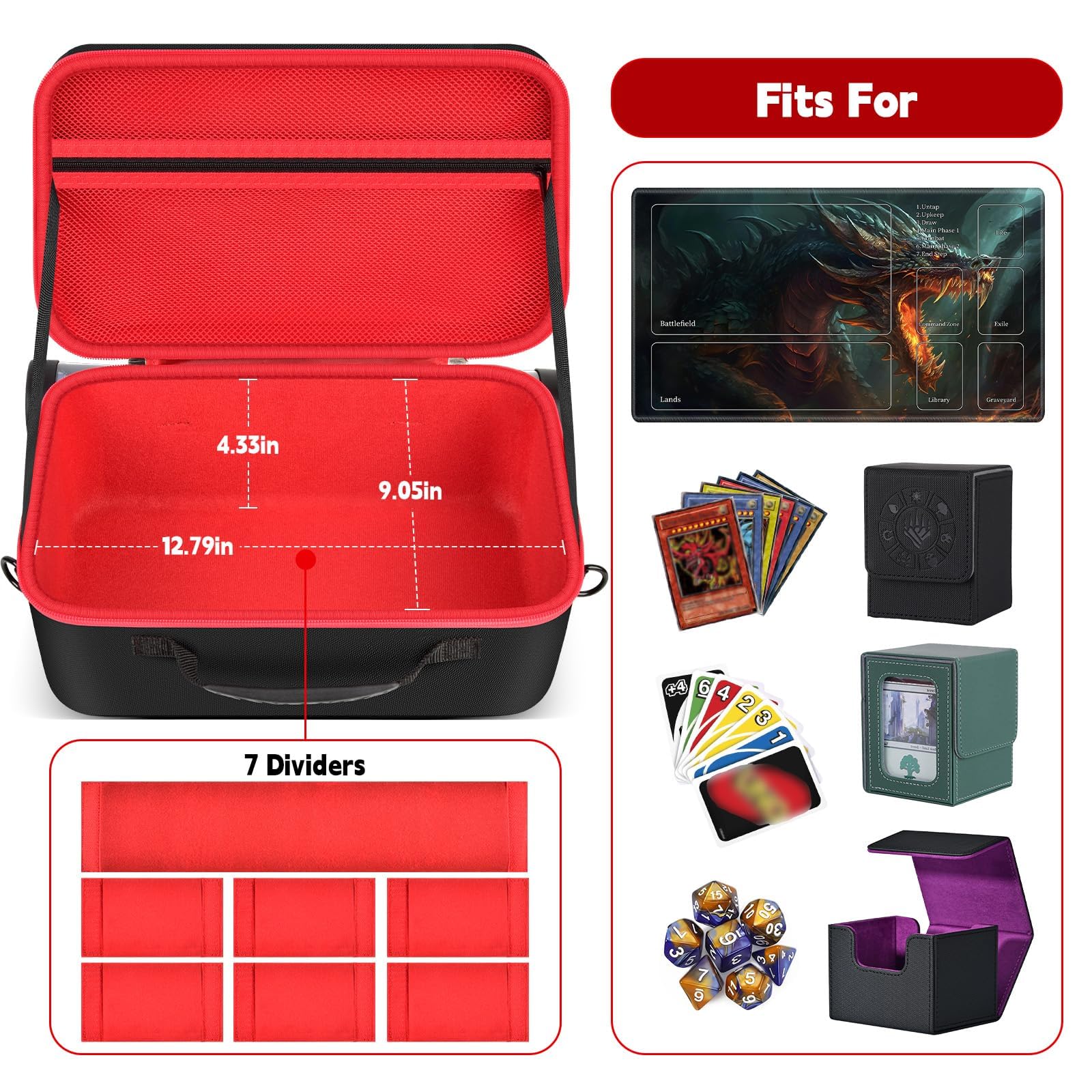 casmilee Deck Box Carrying Case for MTG/TCG Cards, Playmat & Dice (Red)