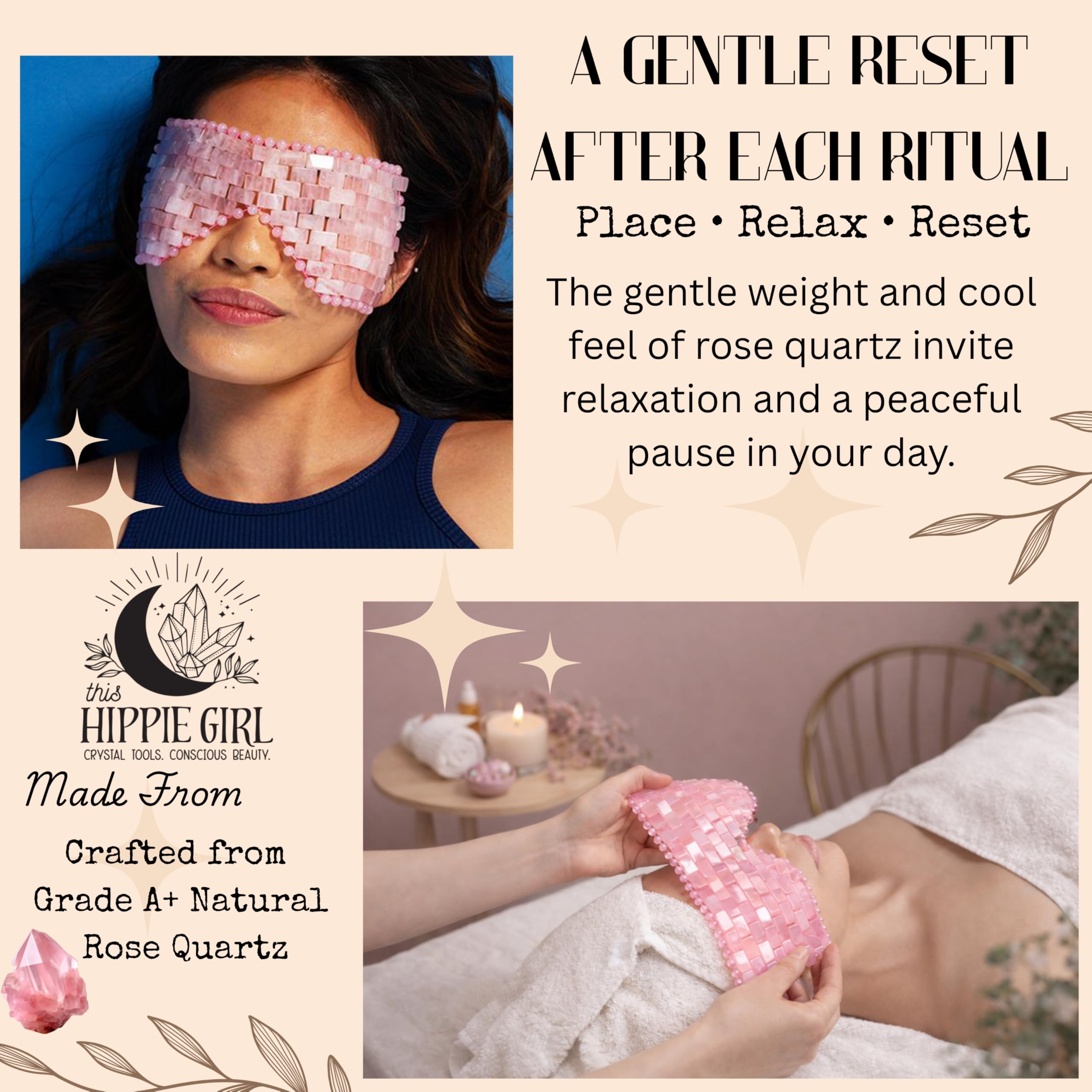 Boho Aromatic This Hippie Girl Rose Quartz Eye Mask, Handcrafted Crystal Cut, Depuff for Puffy Eyes, Relieve Stress, Cold-to-the-Touch Weighted for Comfort, Facial Mask for Relaxation and Meditation