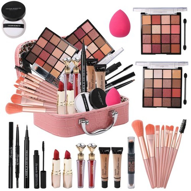 Delymol All in One Makeup Kit for Teen Girls - 2X16 Colors Eyeshadow, Liquid Foundation, Eyeliner Pencils, Contouring Stick, Lip Gloss, Eyebrow Pencils & 8pcs Makeup Brushes (Pink)