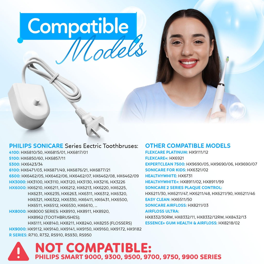 KAROXY Charger for Philips Sonicare Toothbrush, HX6100 Replacement Sonicare Charger Base Compatible with 4100 5100 5300 6100 6500 9000 Series, IPX7 Waterproof Toothbrush Charging Base with Cord