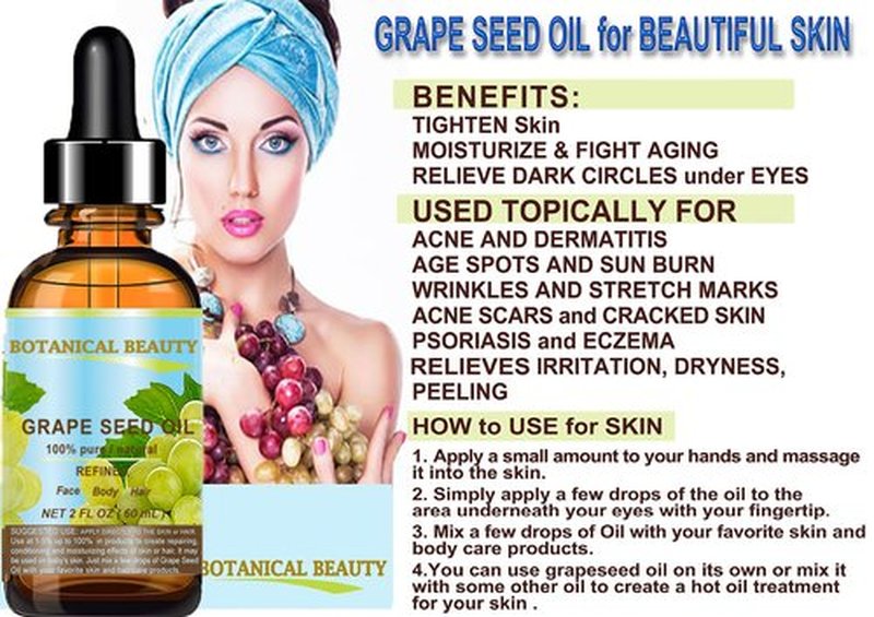 Botanical Beauty GRAPE SEED OIL 100% Pure Natural Undiluted Refined Cold Pressed Carrier Oil for Face, Skin, Body, Hair, Massage, Lip, Nails (2 Fl Oz 60 ml)