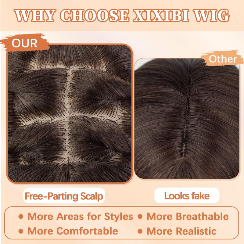 XIXIBI Brown Wigs with Bangs for Women, 4x4 Realistic Scalp Layered Curly Wavy Synthetic Wigs, Free Parting Natural Looking Heat Resistant Wig for Daily Party Use 18Inch