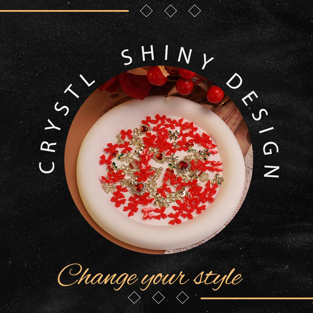 YAEISM Gold Nail Charms 100pcs - 7 Styles Red Bow, Crystal Cherry, Heart, Sparkly Crown, Bowknot Art Gems Rhinestones for Women and Girls