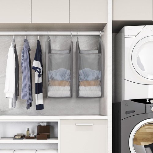 Storage Maniac 2-Pack Hanging Laundry Hamper - Slim Double Organizer with See-Through Mesh, Grey