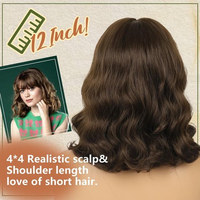 SUKRI Dark Brown Bob Wigs with Bangs for Women Short Wavy Shoulder Length Bob Wig Natural Color Heat Resistant Hair for Daily 12 Inch