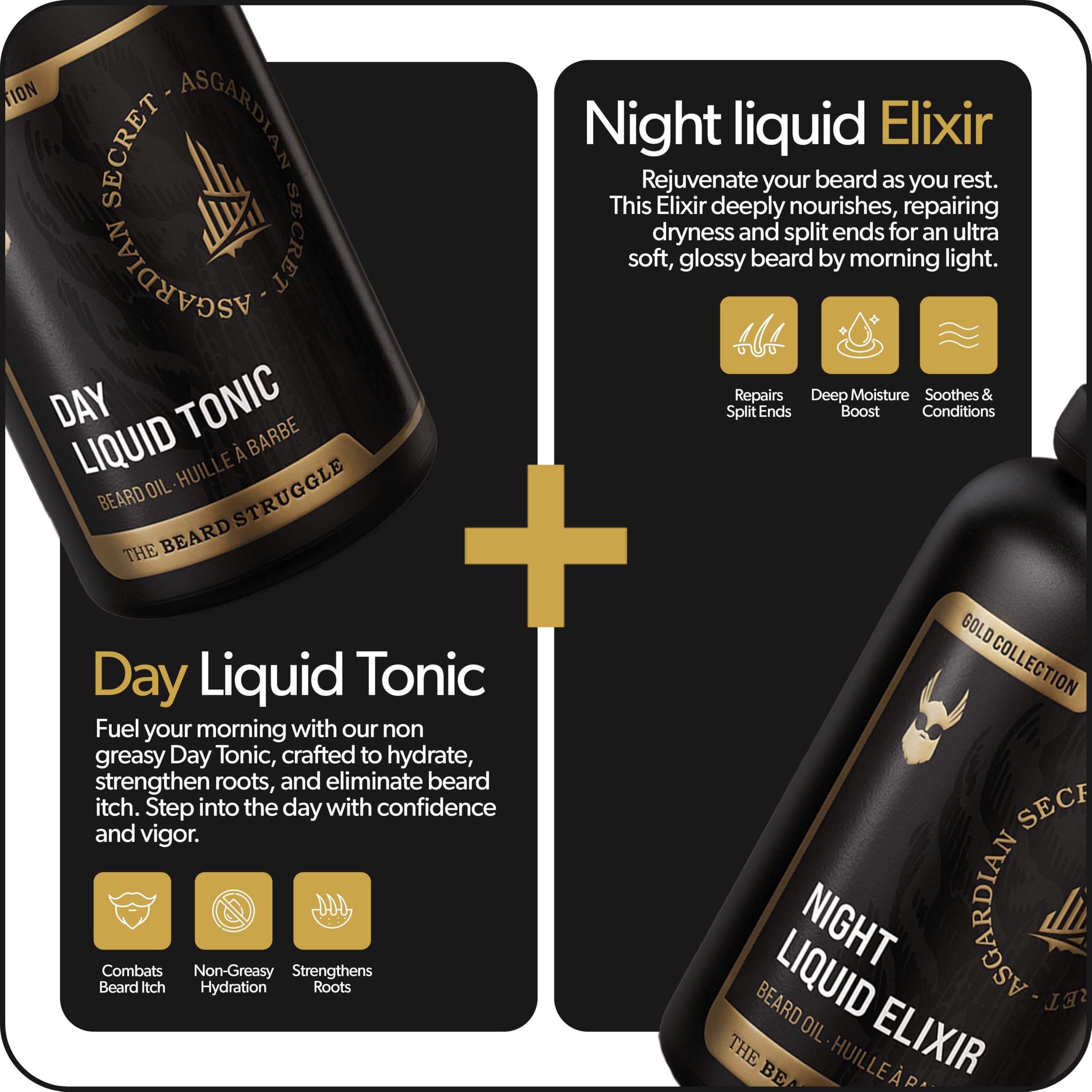 The Beard Struggle Tonic + Elixir Beard Oil Bundle - Gold Collection - Grooming Beard Oil - Softens, Moisturizers, and Strengthens Beard Growth - Pack of 2, Asgardian Secret