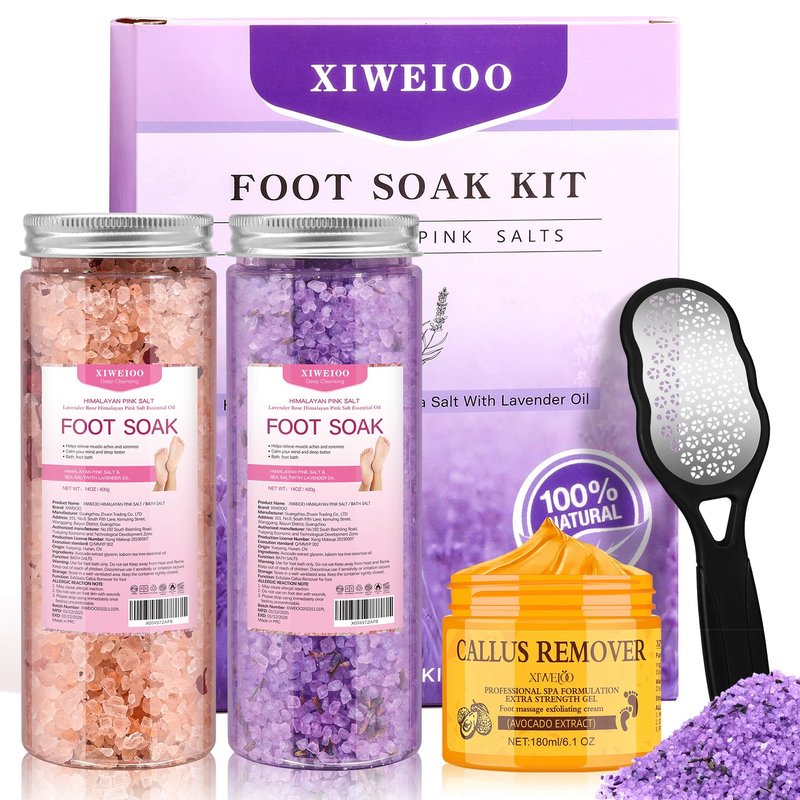 XIWEIOO Himalayan Pink Foot Soak Set Pedicure Kit Tea Tree Oil Foot Soak Salts,Foot File,Foot Scrub Epsom Salt Pedicure at Home spa Callus Remover Gel Kit for Dry, Cracked Feet - Women's Spa Kit