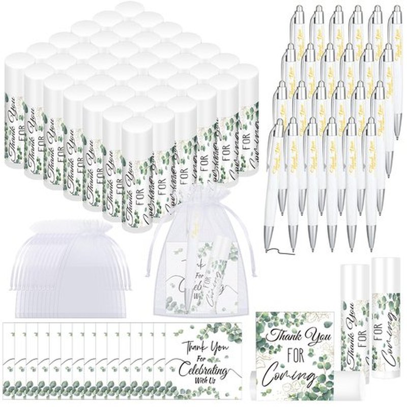 Heigble 50 Set Wedding Thank You Gifts, Thank You Lip Balm Bulk Retractable Ballpoint Pen Appreciation Card Organza Drawstring Gift Bag Bridal Shower Gift for Guest Wedding Party(Eucalyptus Leaf)