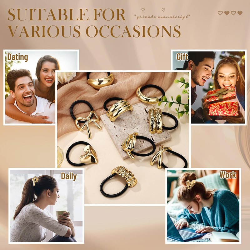 Yuxung 9 Pcs Gold Hair Tie for Women, Gold Cuffs, Metal Geometric Hair Ties Non-damage Ponytail Cuffs Holders for Thick and Thin Ponytails