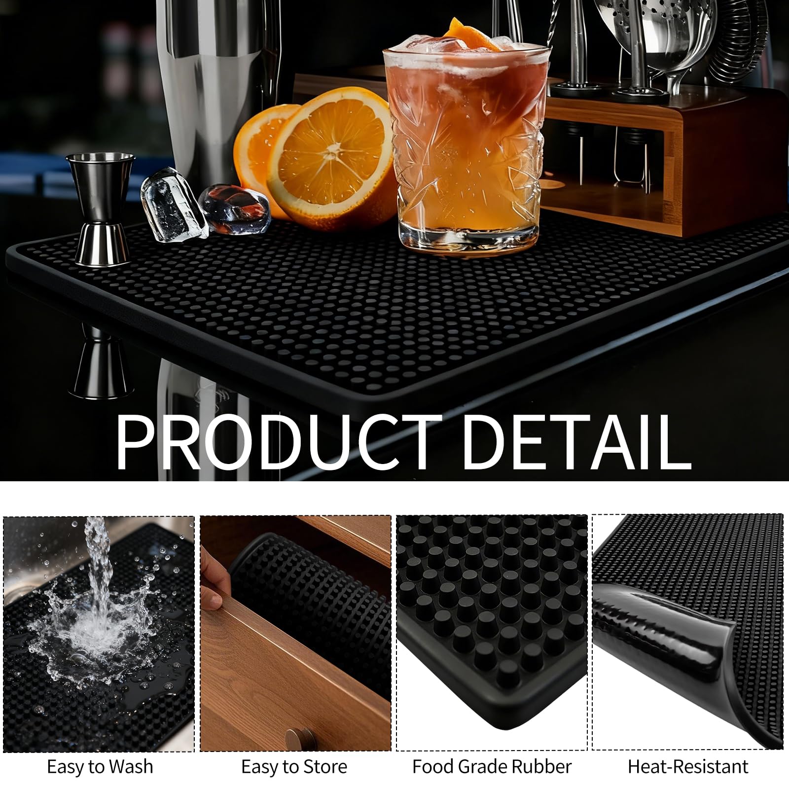 Jibrelxion 2 Pack Rubber Bar Mats for Countertop, 18" x 12" Dish Drying Spill Mat, Coffee Bar Mats Accessories for Cocktail Service in Bartending, Home, Kitchen, Restaurants, Black