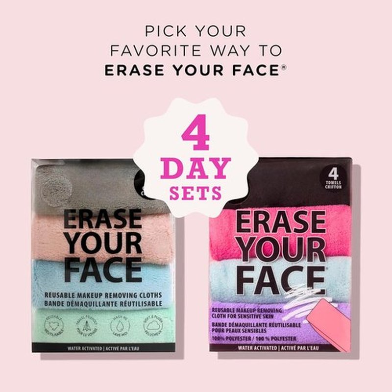 ERASE YOUR FACE Reusable Makeup Remover Cloths - Microfiber Towels for Gentle Cleansing - Multi-Color (4 Count)
