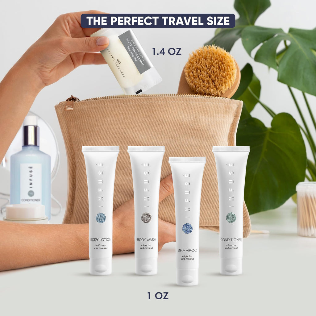 Infuse Pure White Tea and Coconut All-In-Kit Hotel Soaps and Toiletries Bulk Set | 1oz Shampoo & Conditioner, Body Wash, Lotion & 1.25oz Bar Soap | Travel Size 75 Pieces.