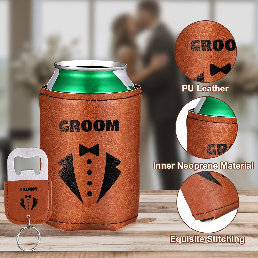 SiliFine 6 Sets Groom and Groomsmen Leather Can Cooler with 6 Bottle Opener Personalized Groomsmen Personalized Leather Beer Can Favors for Best Man Proposal Wedding Gifts